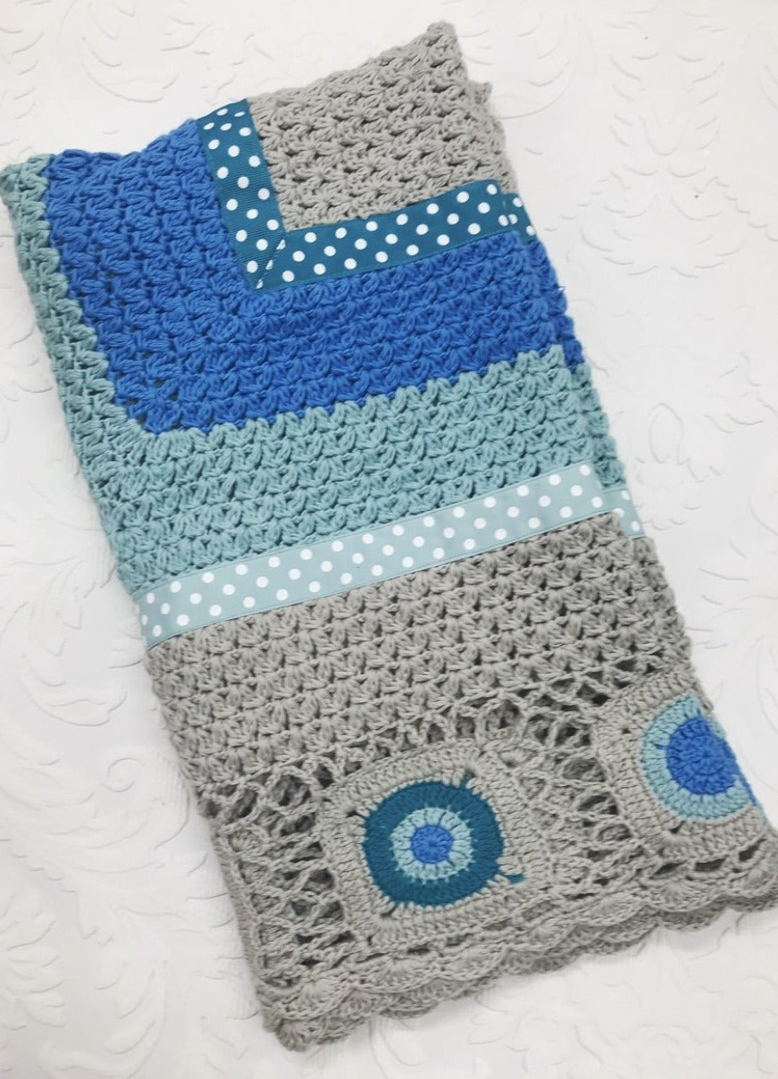 Aqua and Grey Hand Crocheted Blanket